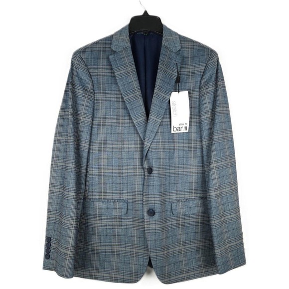 Bar III Men's Slim-Fit Stretch Knit Sport Coat Blue/Tan Plaid 36R NWT - Picture 1 of 4